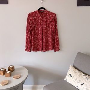 Ruby red button up top, size large.